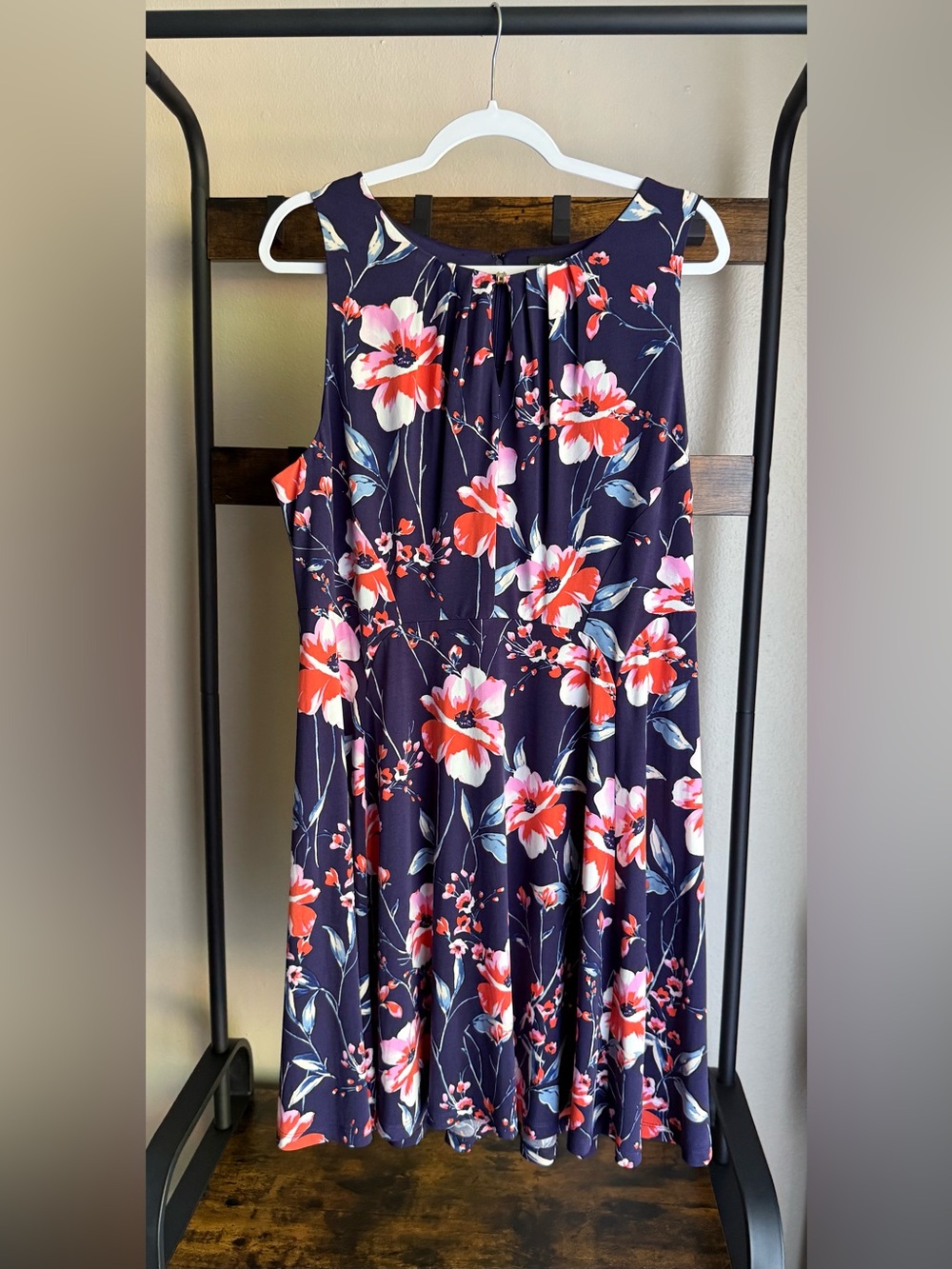 Ivanka Trump Navy Floral Sleeveless A-Line Dress with Pink & Coral Blooms